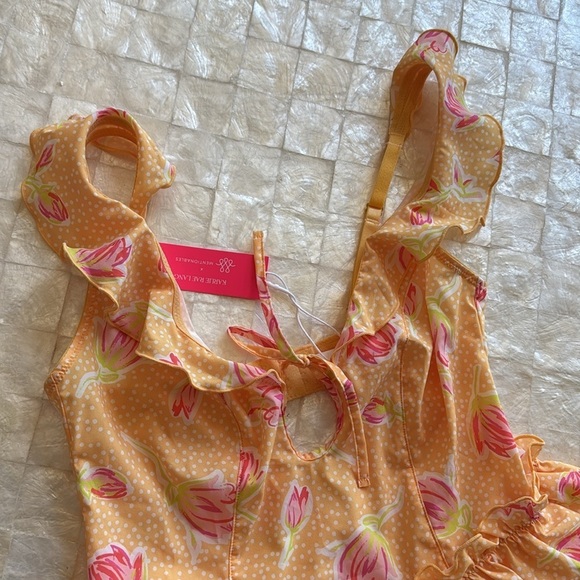 NWT Floral Ruffle One-Piece bodysuit Teddy sz S pastel yellow polka dot pink - Picture 2 of 8